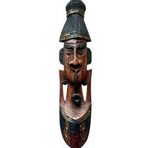 Handcrafted Wooden Tribal Mask Wall Decor With Pipe Vintage 16" tall